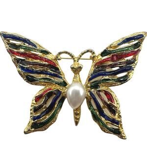 Fernando Originals Gold Tone Enamel Butterfly Brooch With Faux Pearl Center